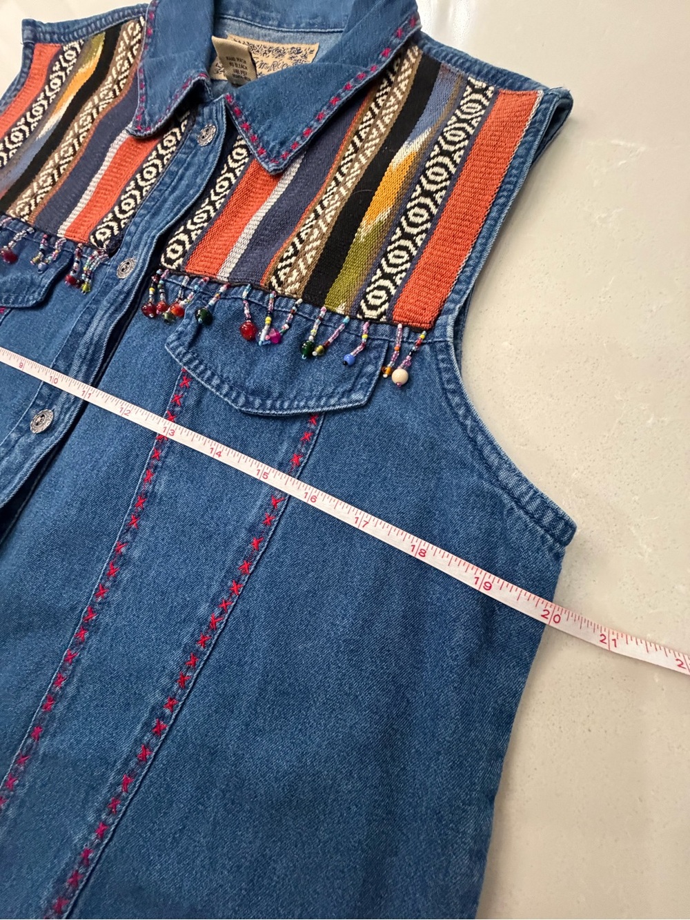 Vintage Southwestern Tantrum Blues Denim Beaded Vest w/ Multicolor Aztec Yoke PL - Picture 15 of 16